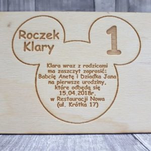 Zaproszenie na ŚLUB KOMUNIĘ ROCZEK drewniane grawer wzór 4