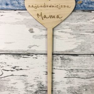 Drewniany pik do kwiatów do tortu Dzień Mamy serce napis