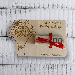 Urodzinowy bon upominkowy drewniany grawerowany Kwiaty voucher