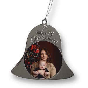 Zawieszka świąteczna Merry christmas Dzwonek metalowy ze zdjęciem srebrny na choinkę dwustronny