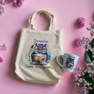 Zestaw dla nauczyciela Kubek i torba z nadrukiem Sowa Imię