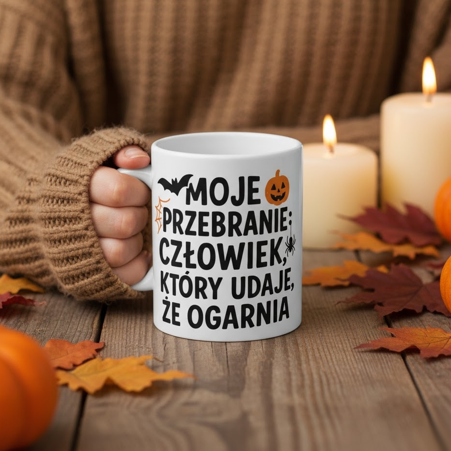 Kubek z napisem Halloween „Moje przebranie…” – śmieszny prezent