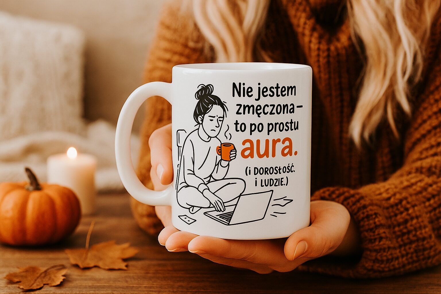 Kubek z napisem „Nie jestem zmęczona – to po prostu aura” – prezent z humorem