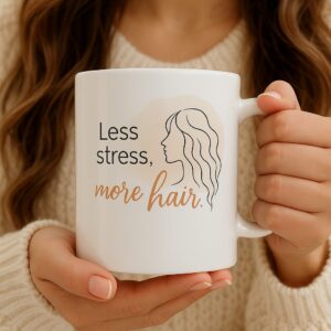 Kubek dla trychologa „Less stress, more hair” – prezent dla włosomaniaczki