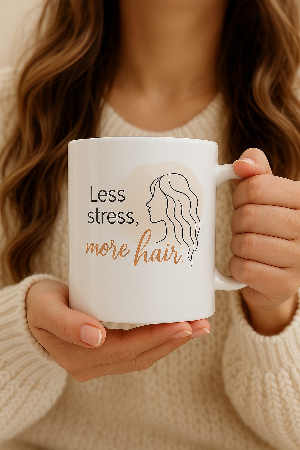 Kubek dla trychologa „Less stress, more hair” – prezent dla włosomaniaczki